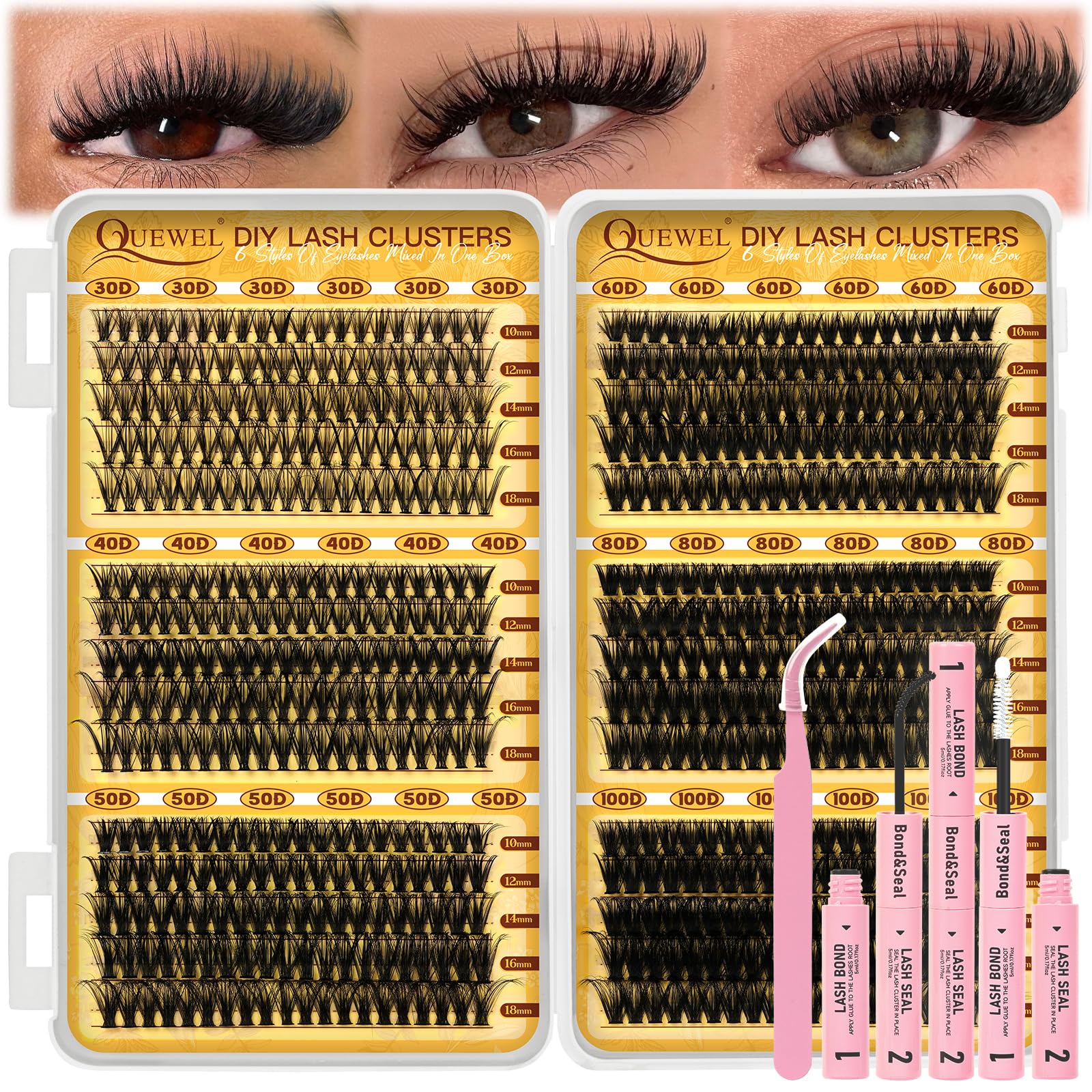 Quewel 580pcs lash clusters kit with 30d-40d for customizable natural-to-glam looks.
