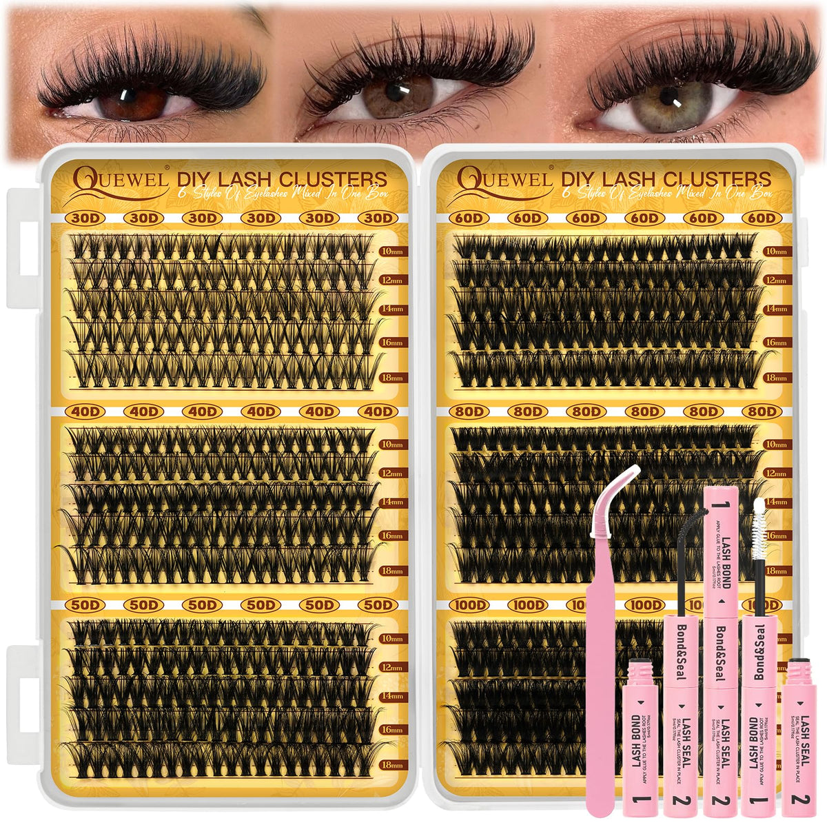 Quewel 580pcs lash clusters kit with 30d-40d for customizable natural-to-glam looks.