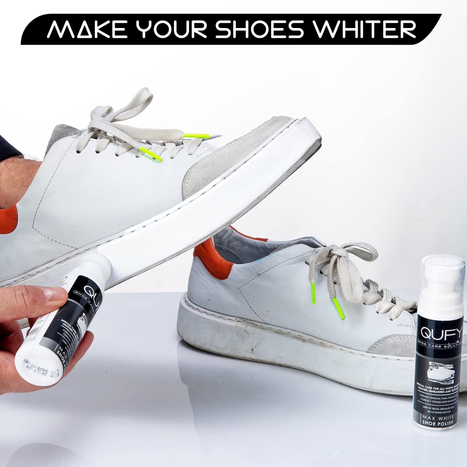 QUFY Max White Shoe Polish brush stroke demonstrates easy application for fast repairs.