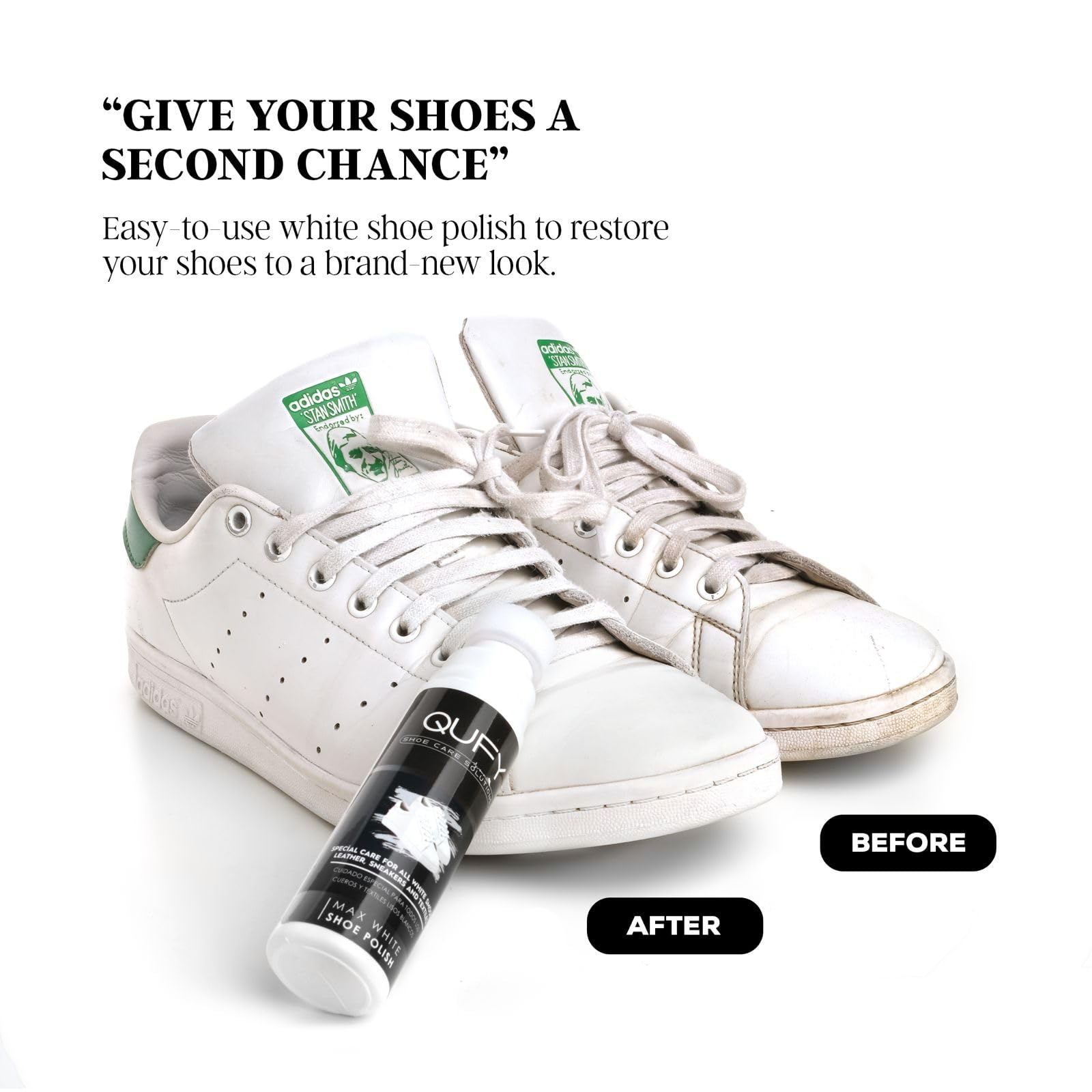 QUFY Max White Shoe Polish on canvas and fabric shows versatile use.