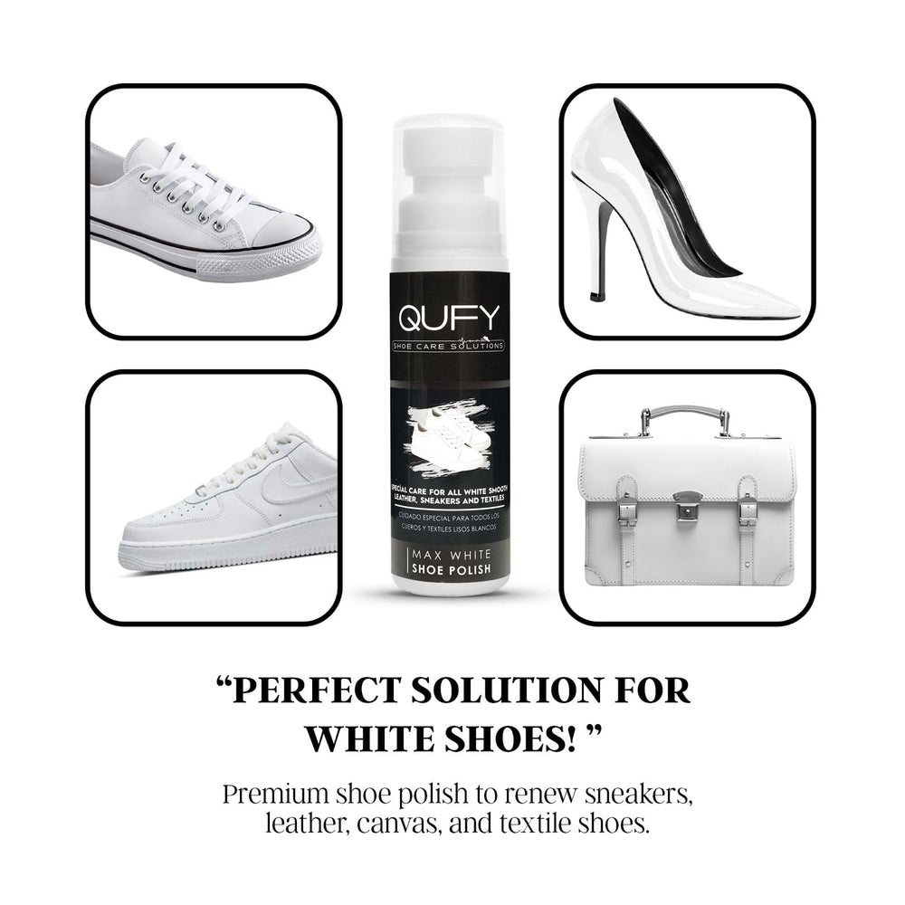 QUFY Max White Shoe Polish packaging highlights eco-friendly, water-based formula.