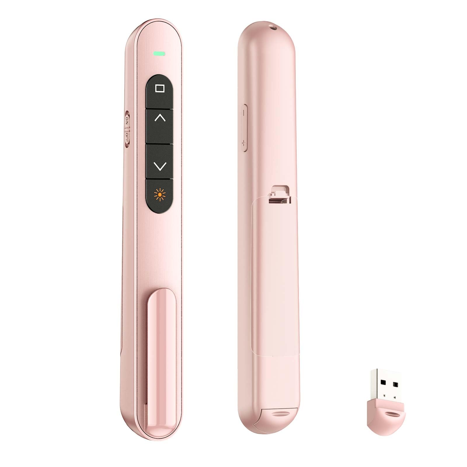 QUI presentation clicker with USB receiver enabling plug-and-play setup in any room