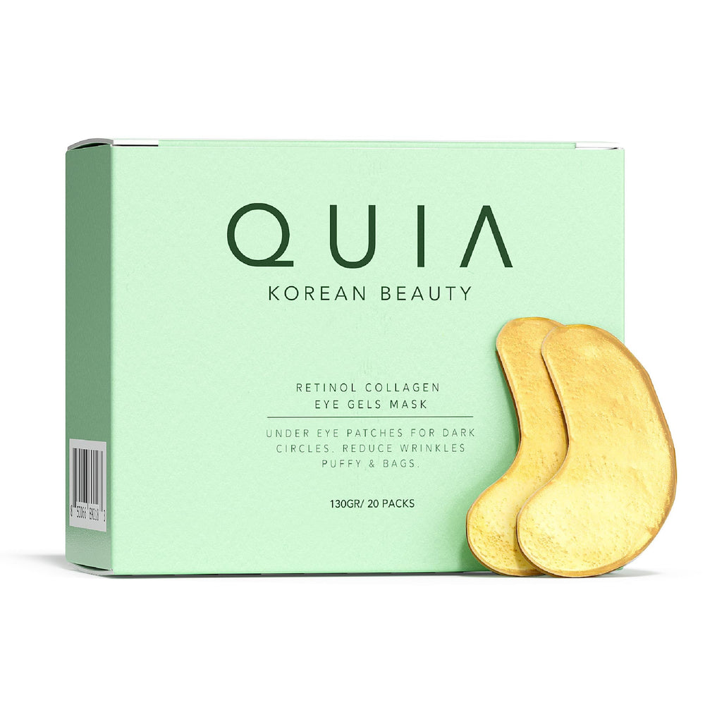QUIA Beauty packaging for hydrogel eye patches showing easy, portable depuff routine