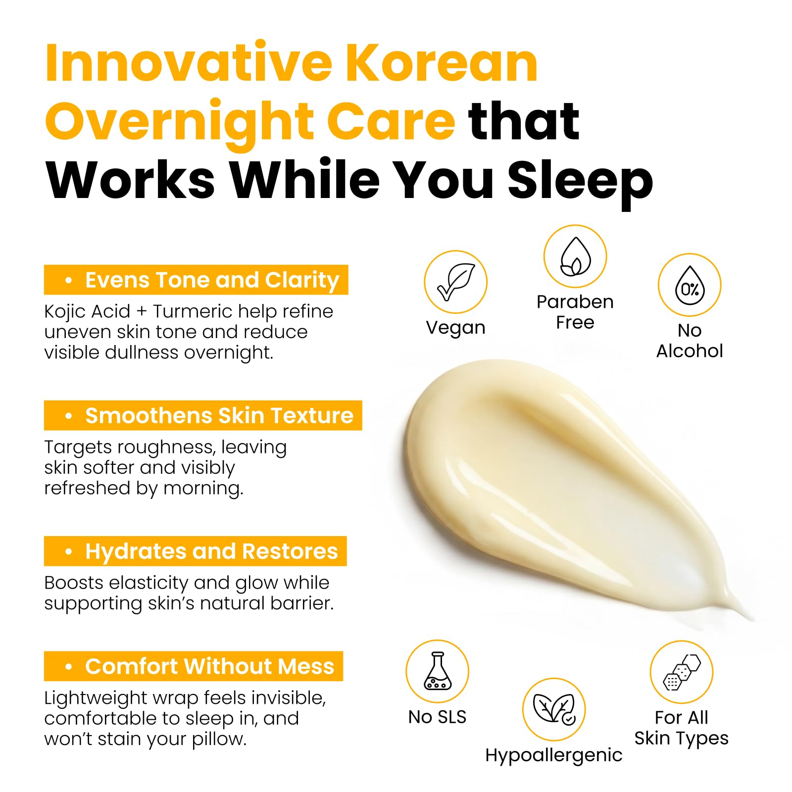 QUIA overnight wrap on face during sleep suggests gentle comfortable stain-free pillow contact