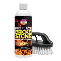 Quick N Brite fireplace gel cleaner bottle demonstrates deep soot removal for a brighter hearth