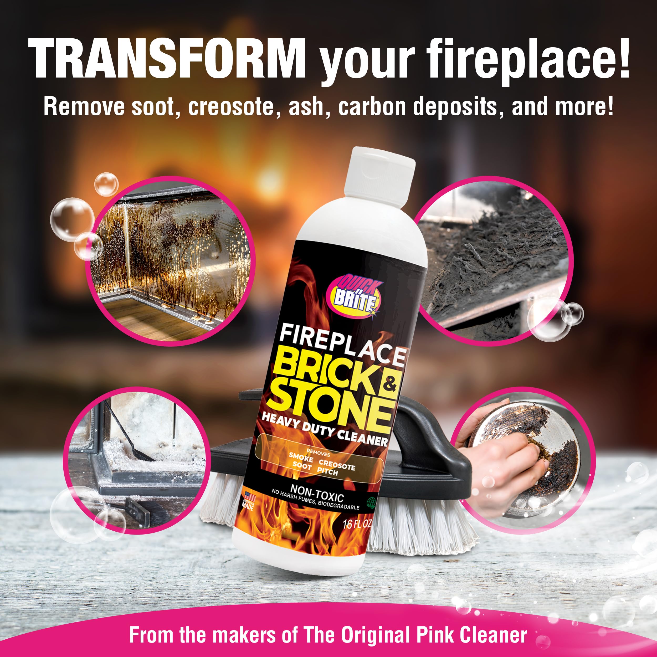 Quick N Brite scrub brush in action highlights stain removal on brick surfaces