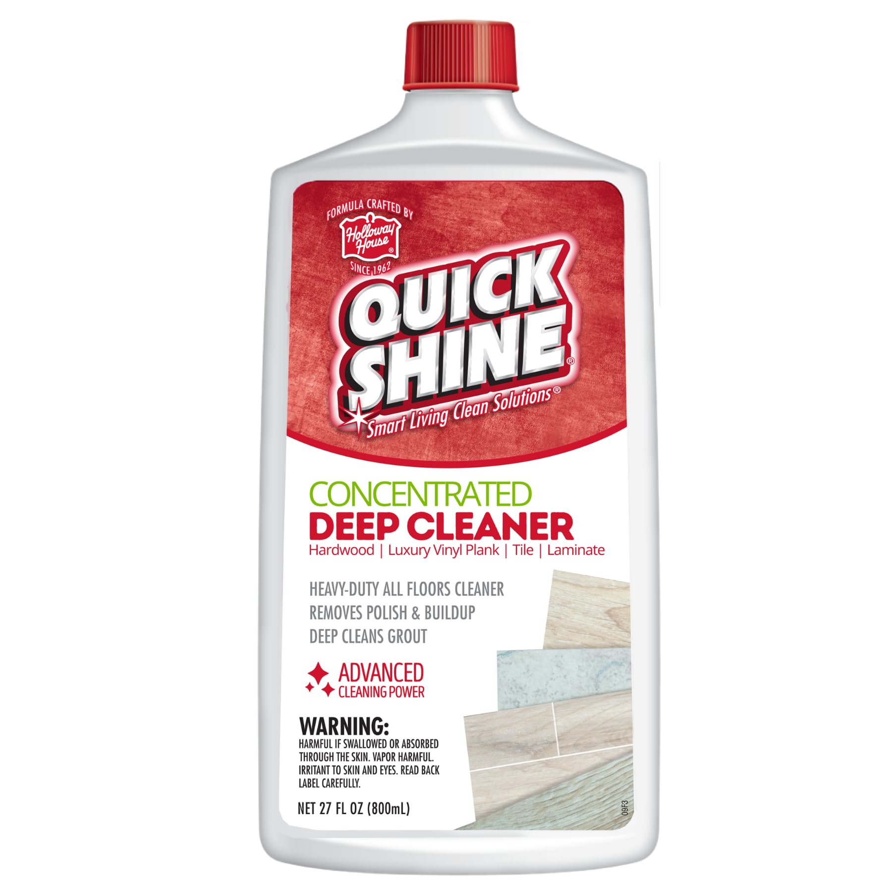 Quick Shine Deep Cleaner bottle-pour demonstrates wax removal on floors