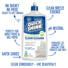 Quick Shine Floor Finish bottle shows lasting shine with no hazy residues.