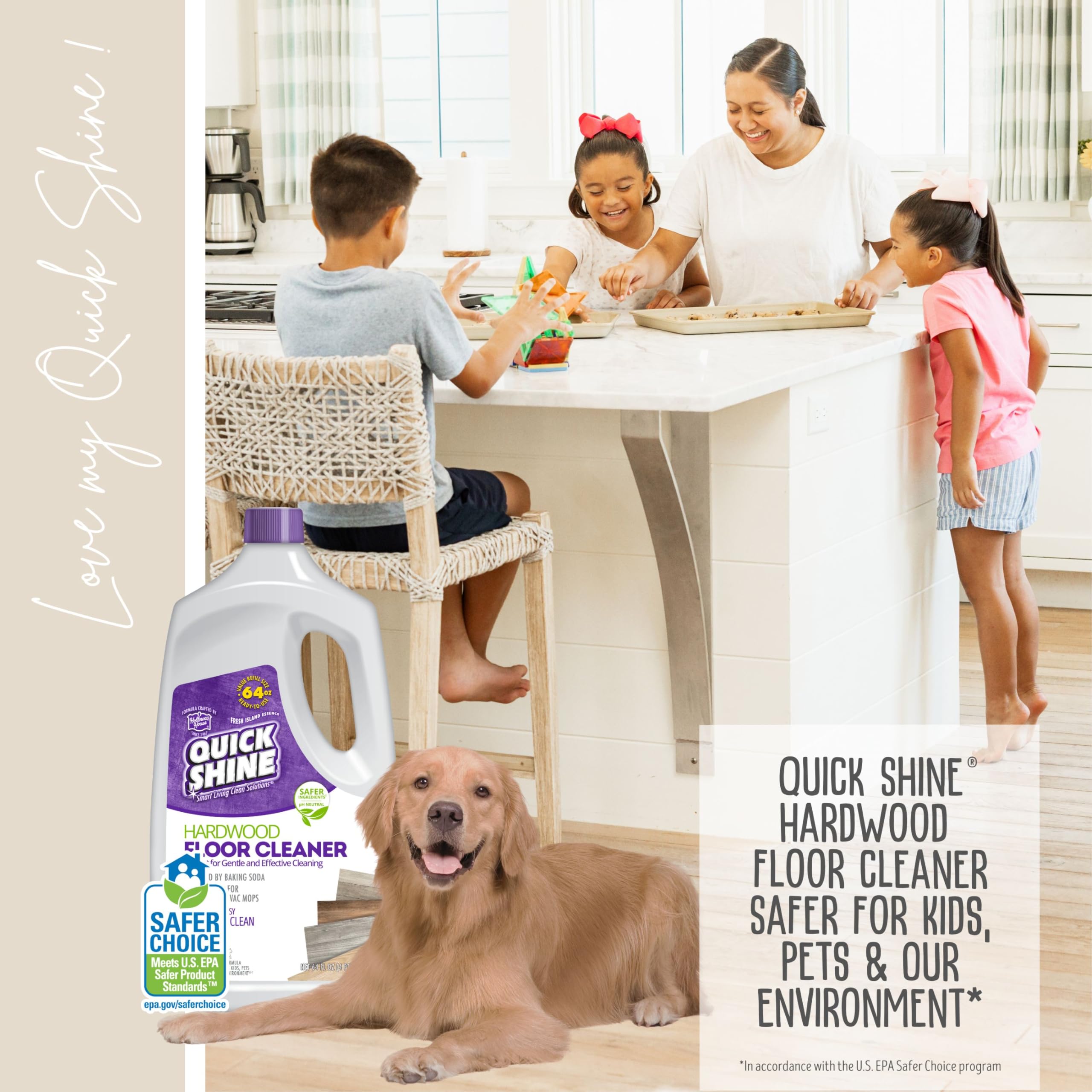 Plant-based formula emphasis on Quick Shine hardwood cleaner.