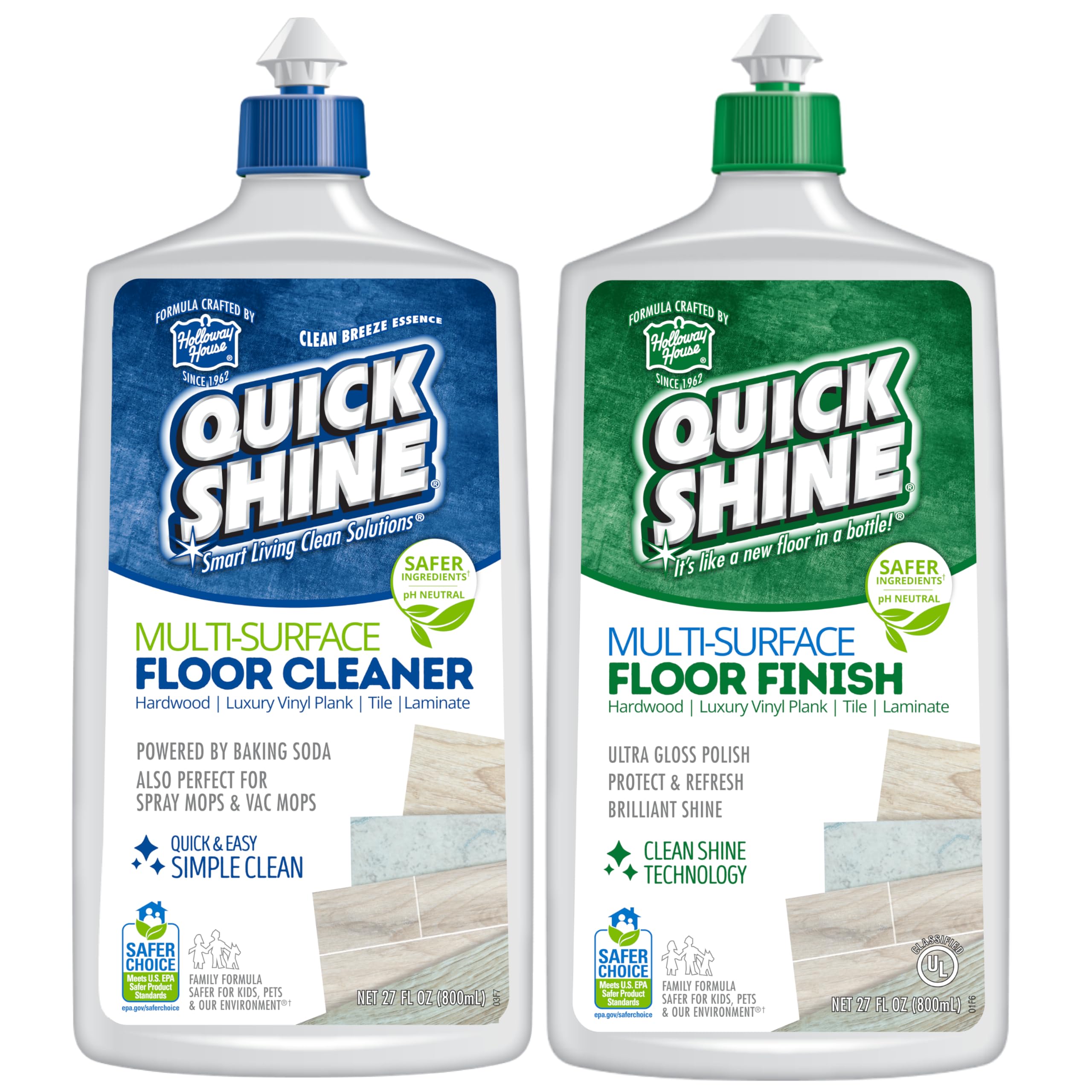 Quick Shine Multi-Surface Cleaner bottles in a 2-pack for versatile floor care.