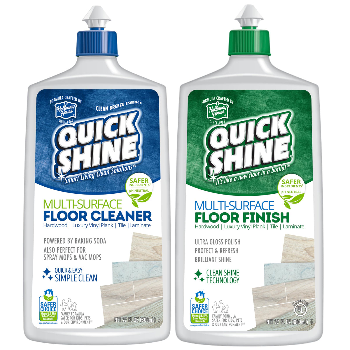 Quick Shine Multi-Surface Cleaner bottles in a 2-pack for versatile floor care.