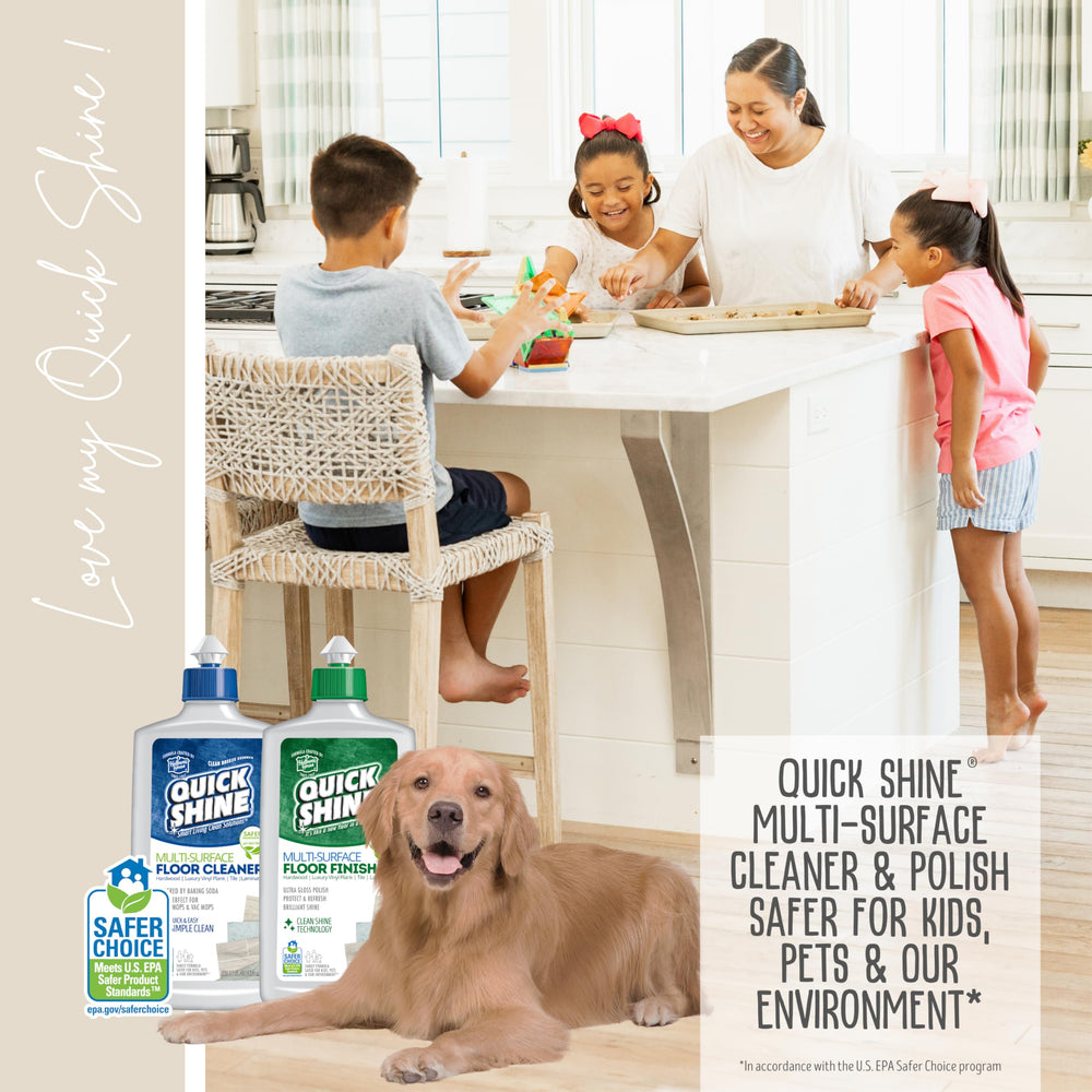 Quick Shine packaging uses post-consumer recycled plastic for eco-friendly cleaning.