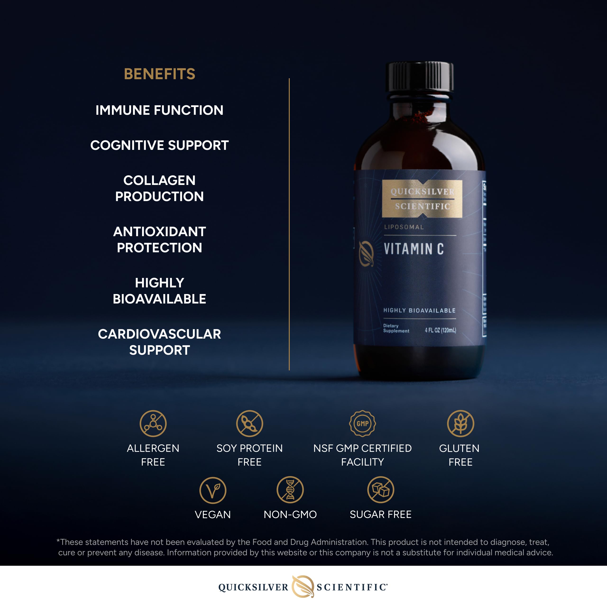 Quicksilver Scientific bottle close-up highlighting vegan non-GMO formulation