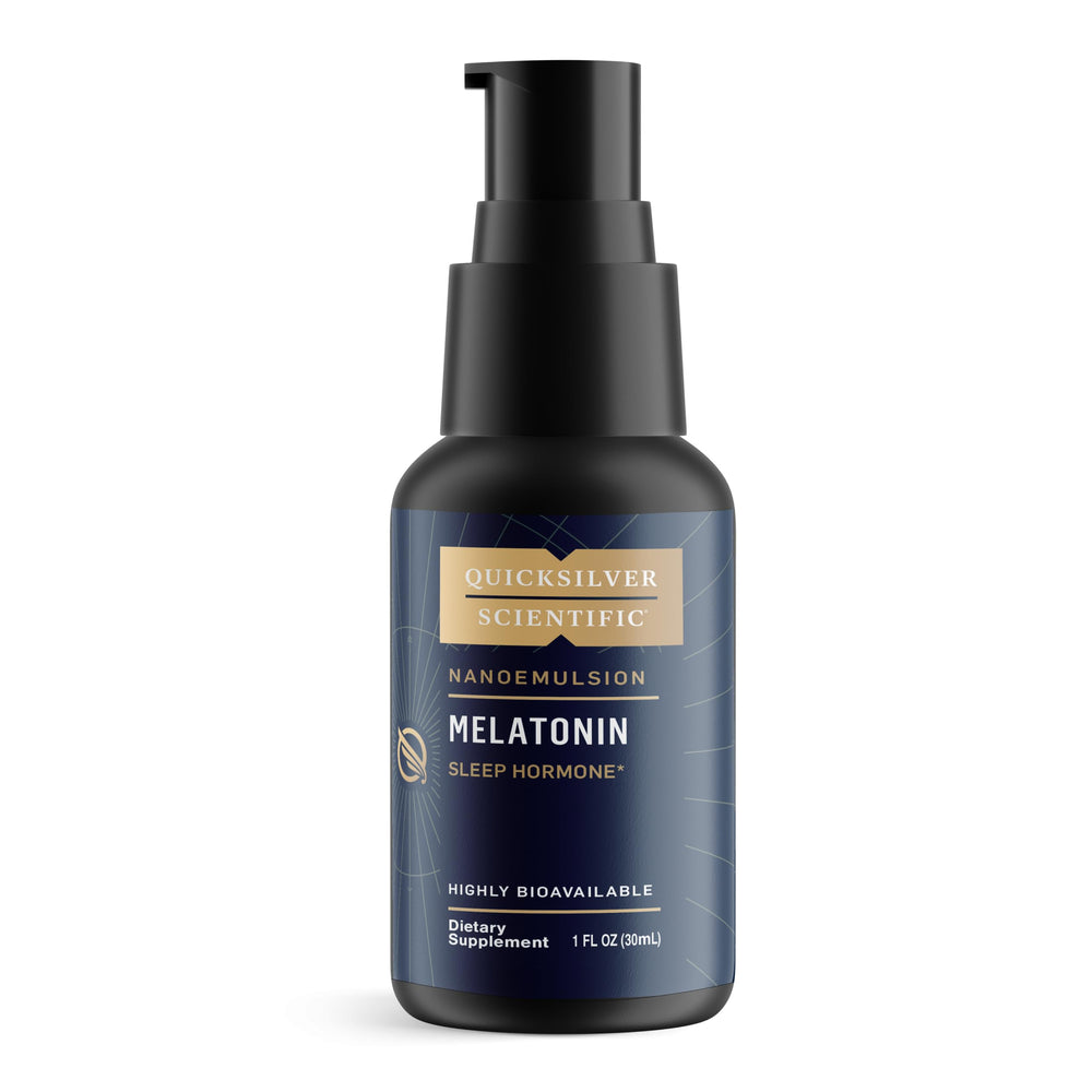 Quicksilver Scientific liposomal melatonin bottle with pump for fast sleep support.