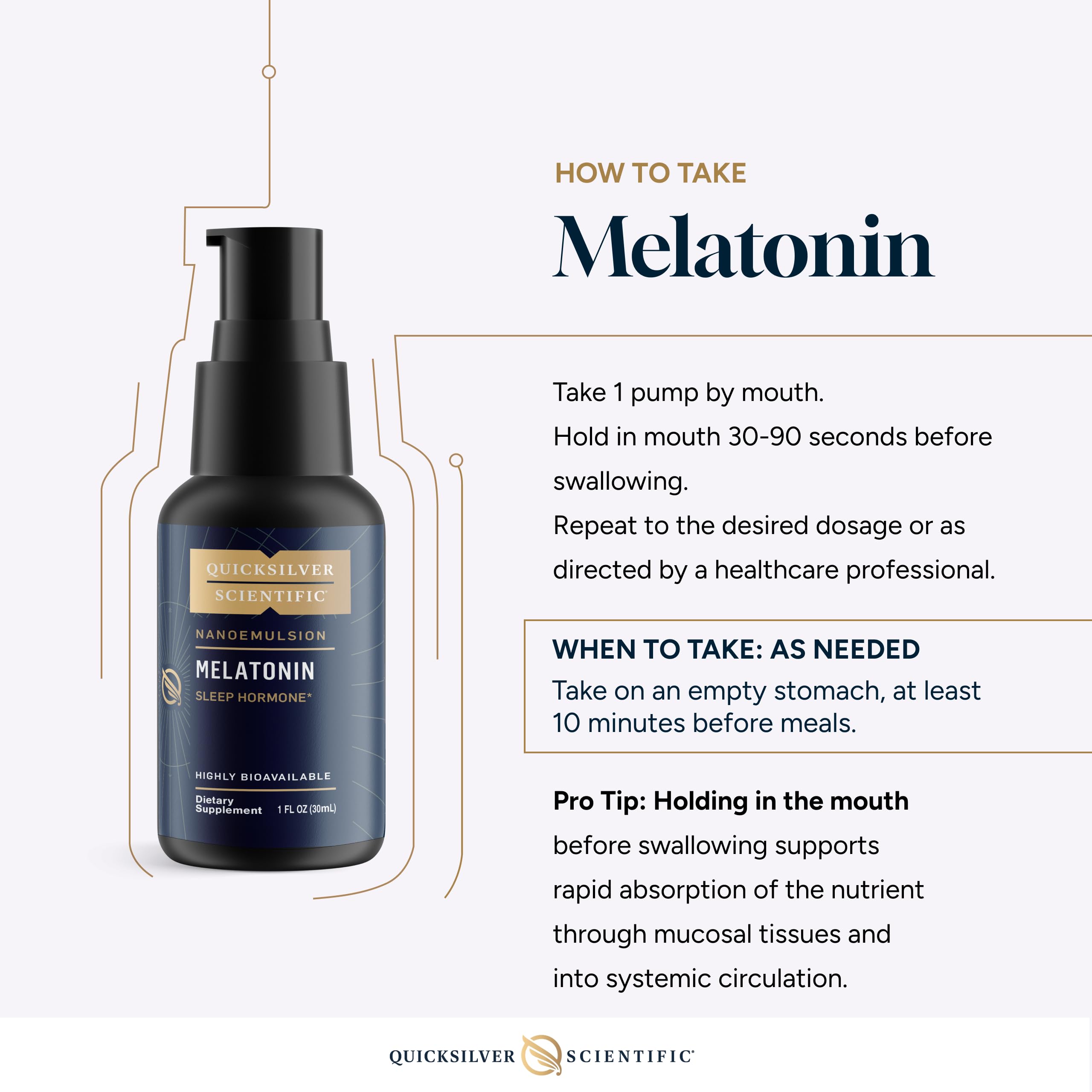 Quicksilver Scientific liposomal melatonin on nightstand ready for bedtime routine.