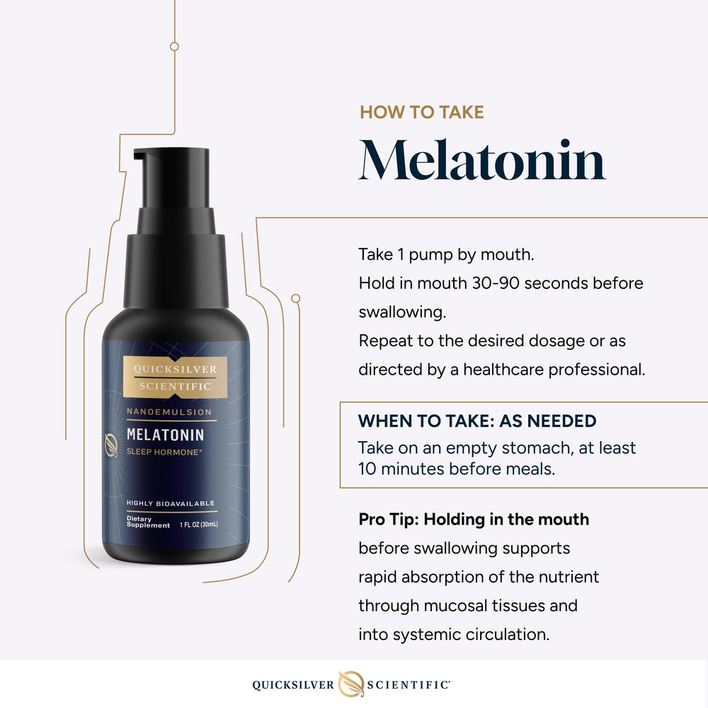 Quicksilver Scientific liposomal melatonin on nightstand ready for bedtime routine.
