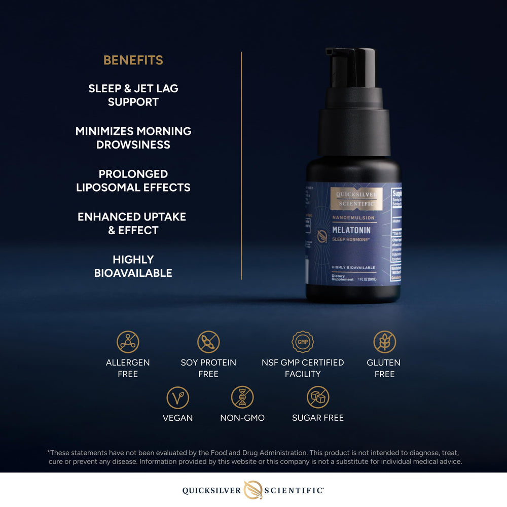 Quicksilver liposomal melatonin bottle on shelf with travel-friendly packaging.