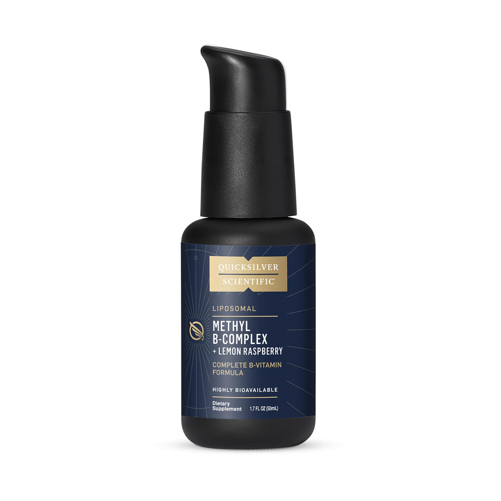 Quicksilver Scientific Methyl B Complex bottle pour showing fast-acting liposomal delivery.