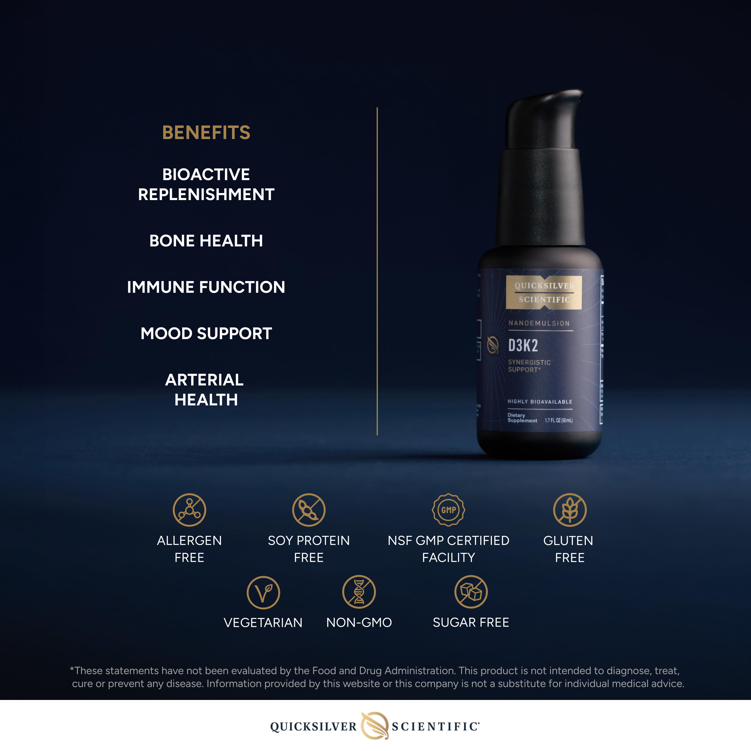 Quicksilver Scientific nanoemulsified D3K2 label detail communicates MK-7 and quality.