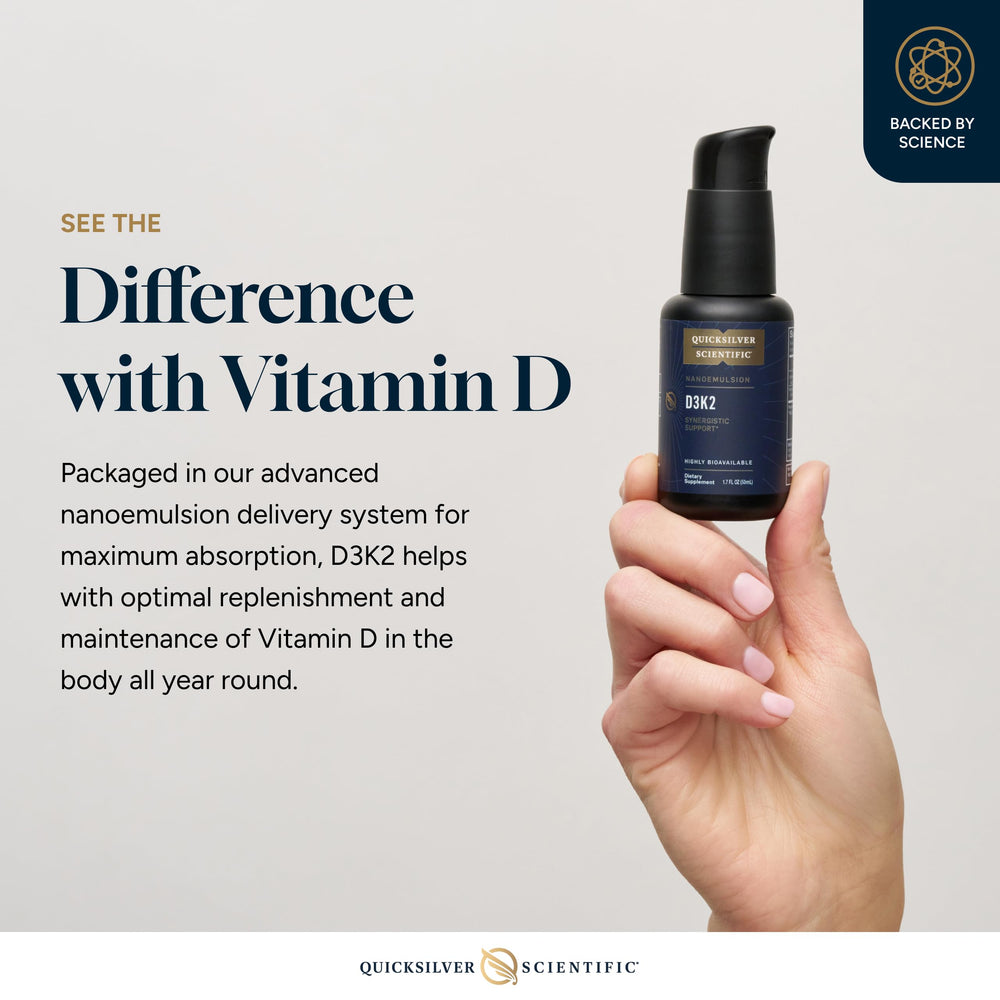 Quicksilver Scientific nanoemulsified D3K2 oral vial close-up highlights liposomal delivery.