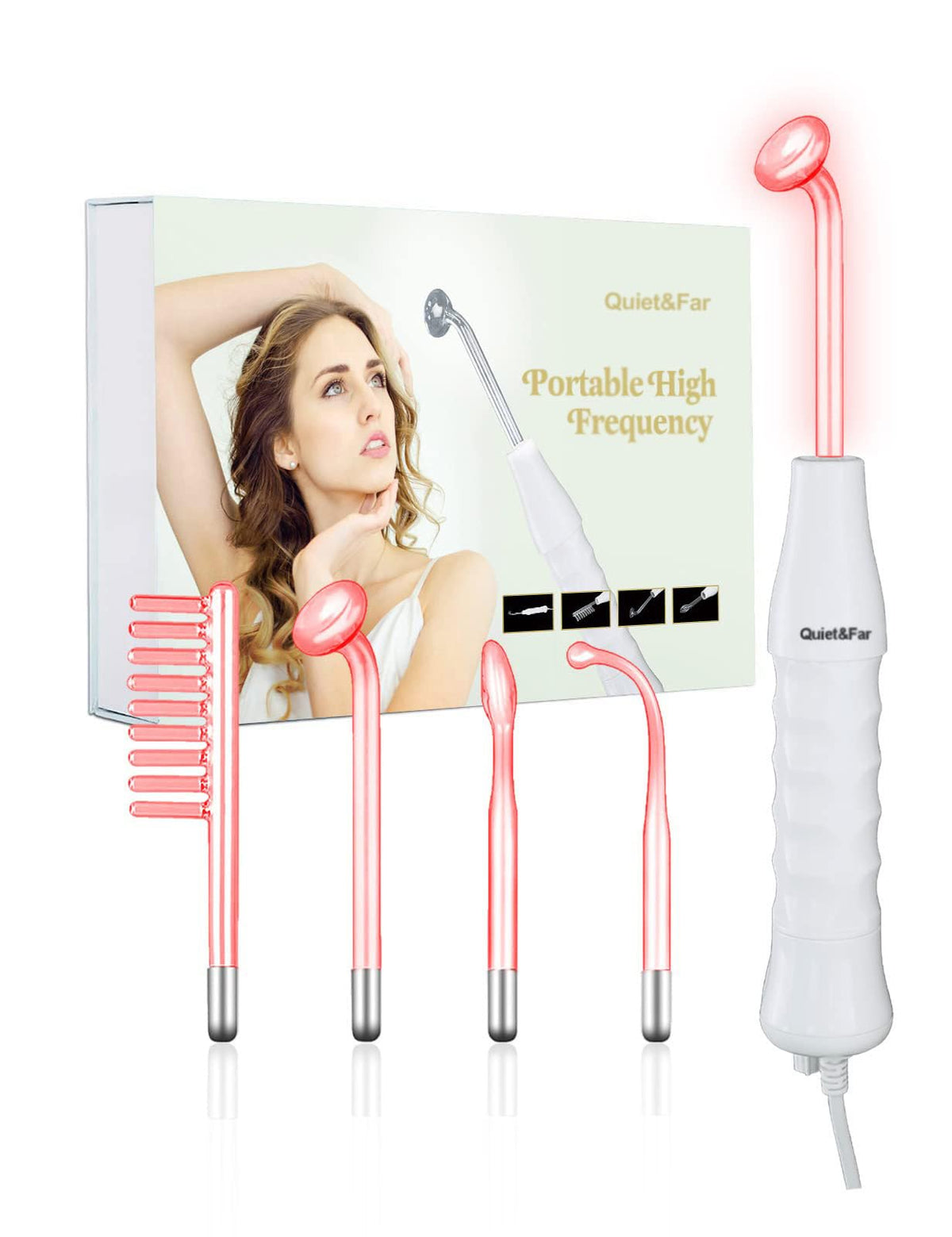 Quiet&Far high frequency facial wand with four tubes for at-home wrinkle care possibilities.