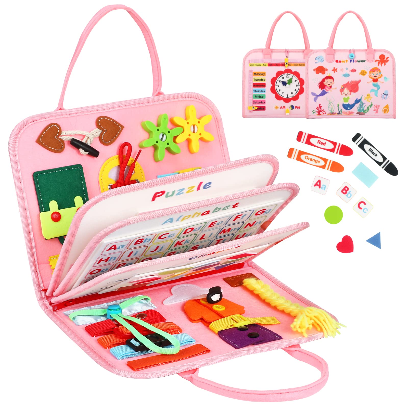 Quiet Flower 8-in-1 busy board front view with durable felt for calm travel learning