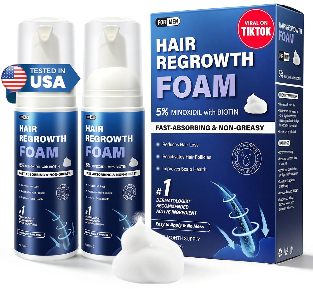 Quilom Minoxidil Foam bottle showing fast-absorbing, non-greasy formula
