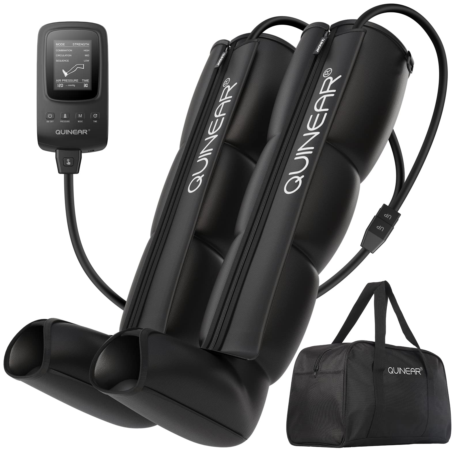 QUINEAR air compression boot front view showing full-leg massaging action and form