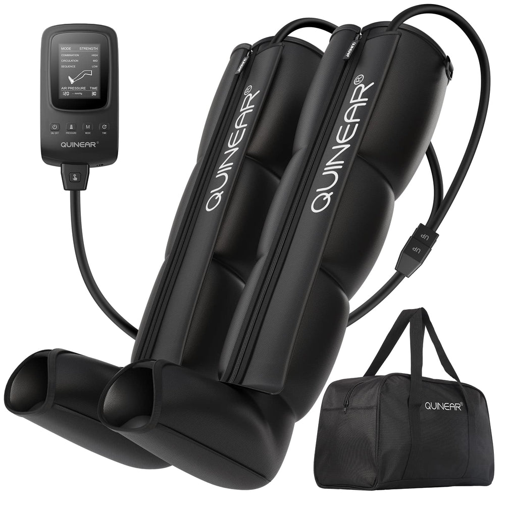 QUINEAR air compression boot front view showing full-leg massaging action and form