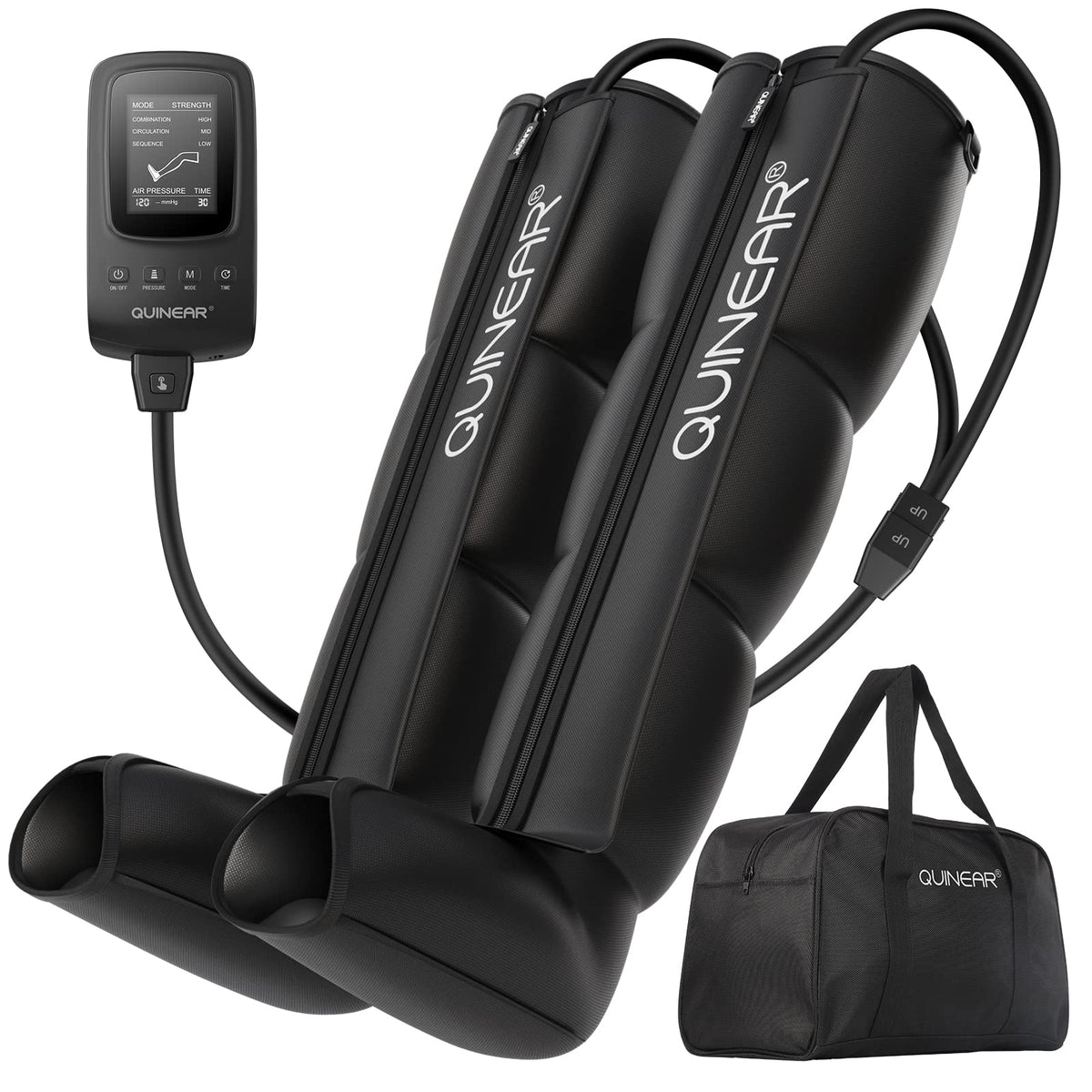 QUINEAR air compression boot front view showing full-leg massaging action and form