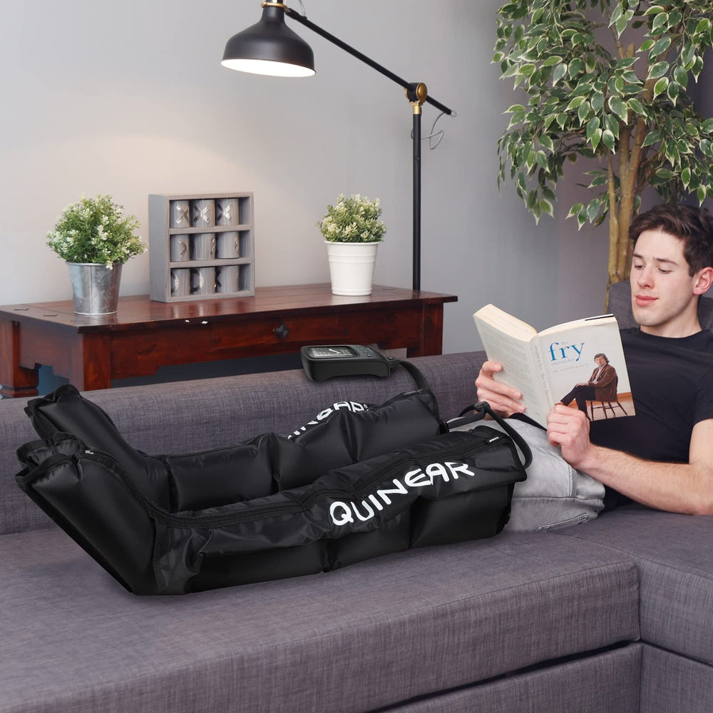 QUINEAR air compression boot side view highlighting compact gym-ready design
