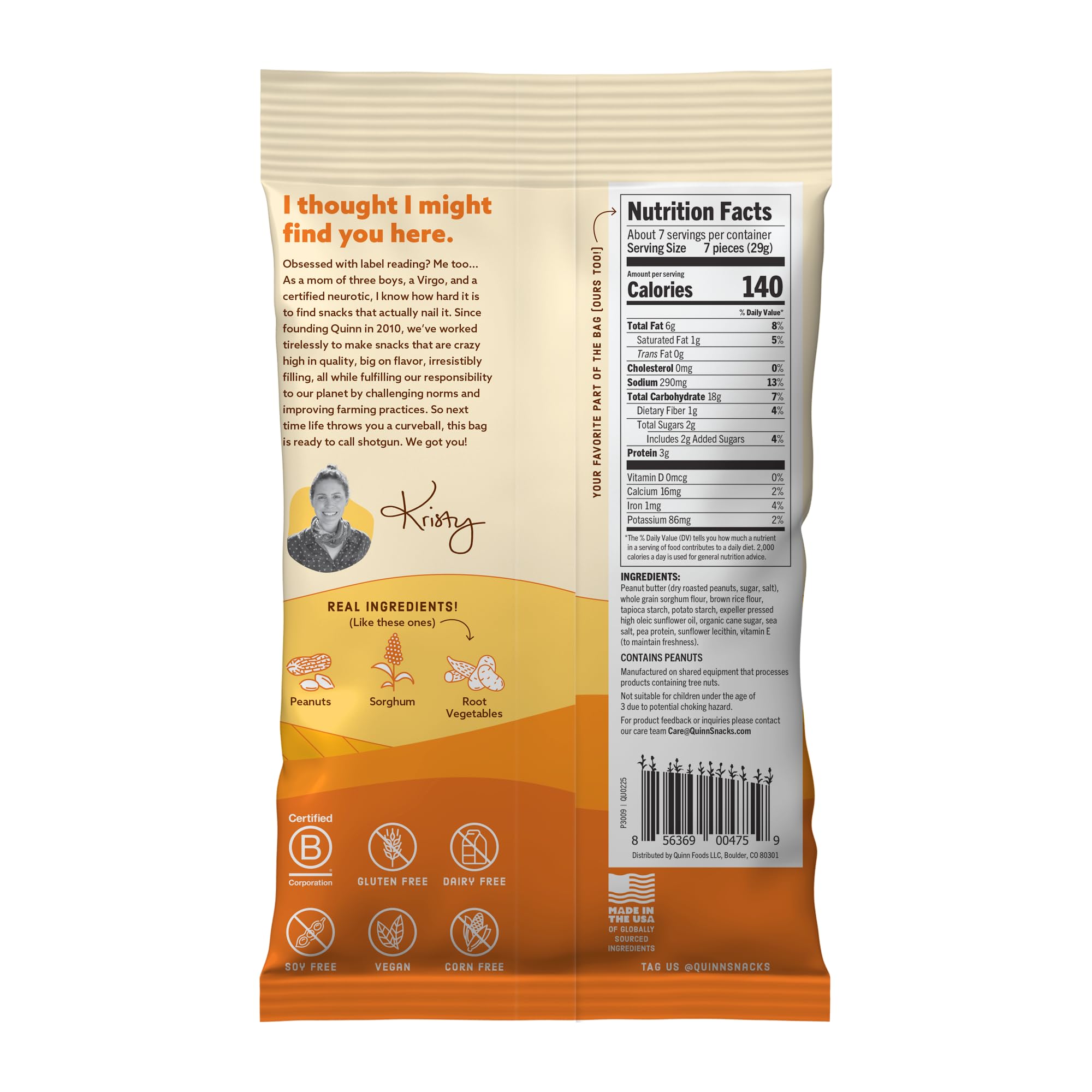 Quinn pretzel nuggets nutrition panel highlights whole grain sorghum.