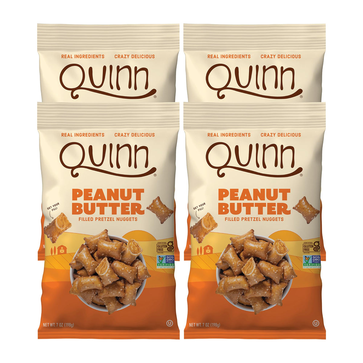 Quinn gluten-free peanut butter filled pretzel nuggets package for on-the-go snacking.