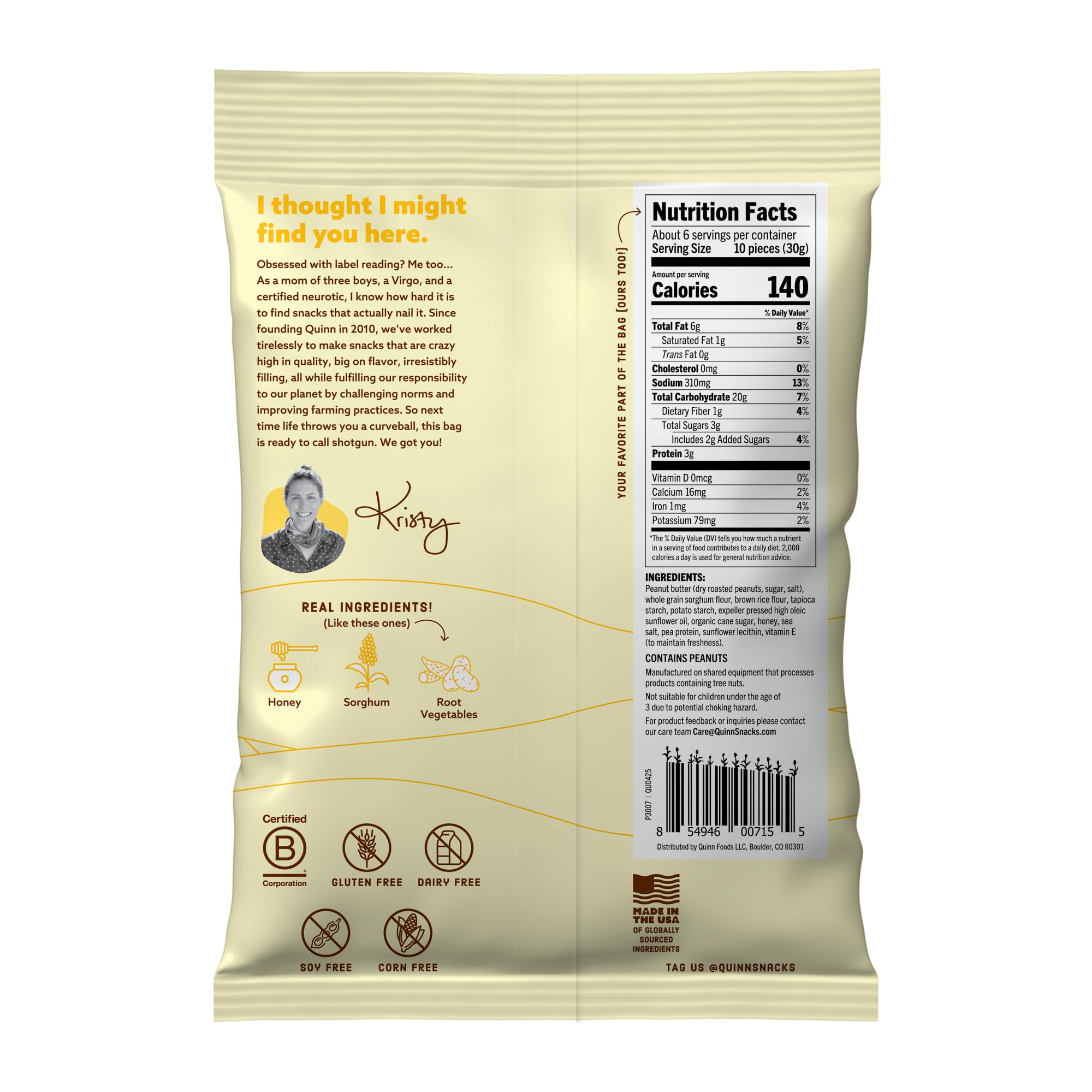Quinn crunchy gluten-free pretzel sticks offer a satisfying texture for a quick energy boost.