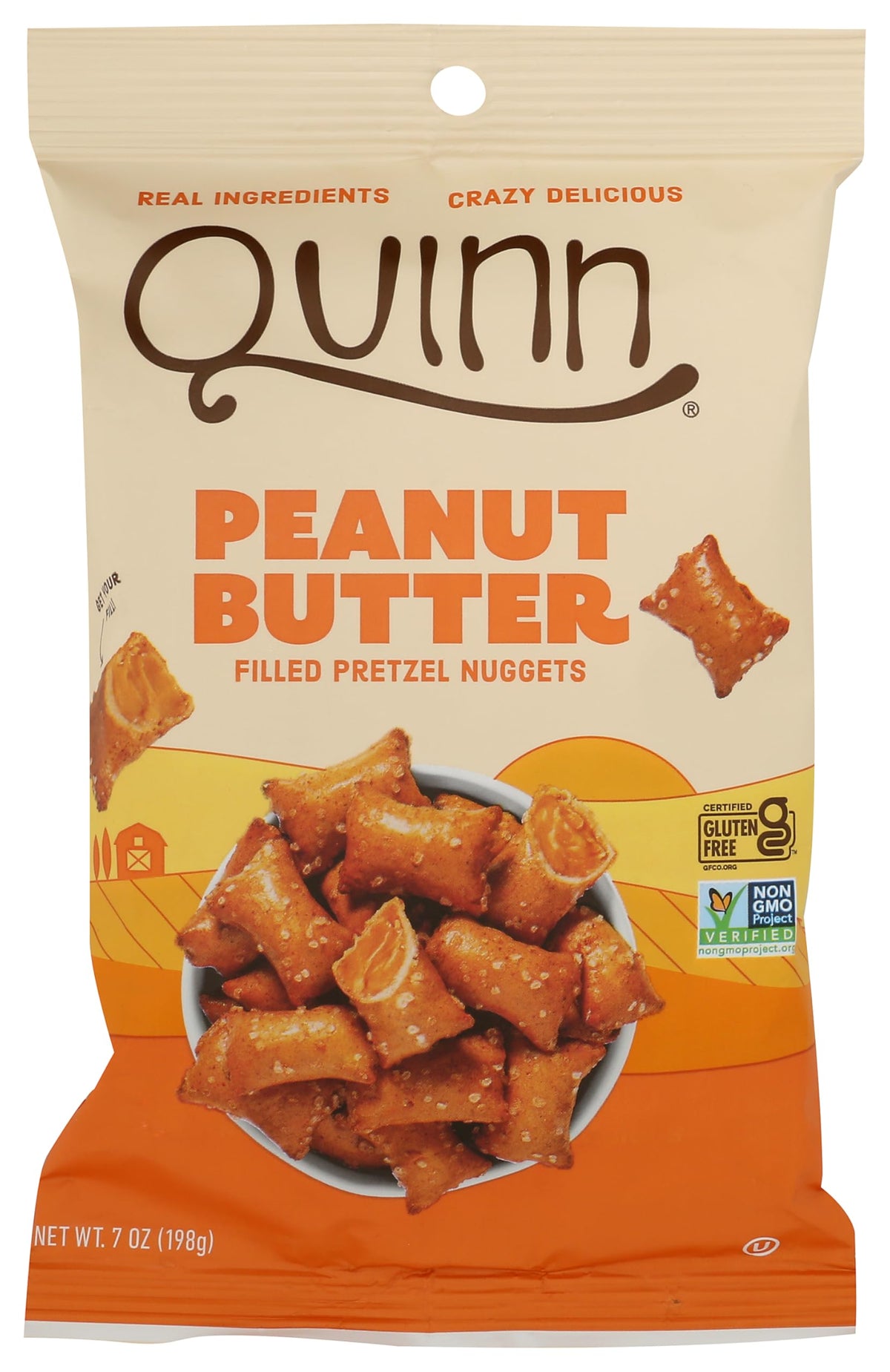 Quinn Snacks peanut butter filled pretzels in a package, convenient on-the-go snack.