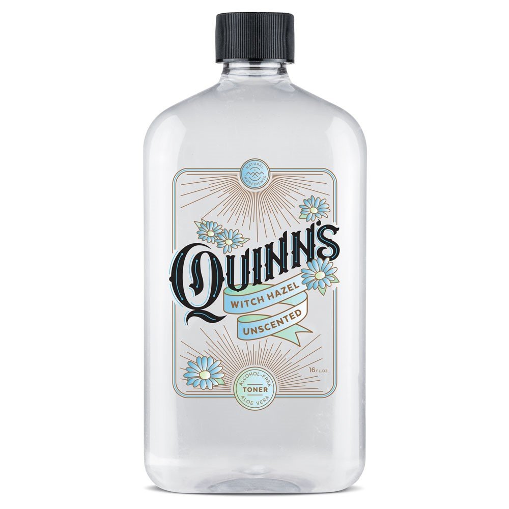 Quinn's Alcohol-Free Witch Hazel bottle close-up shows fragrance-free cleansing with Aloe Vera.