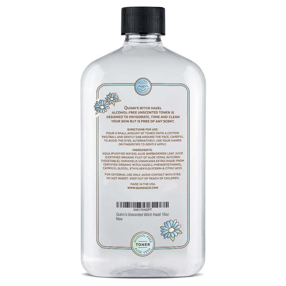 Quinn's Witch Hazel packaging close-up highlights fragrance-free, sensitive-skin friendly formula.