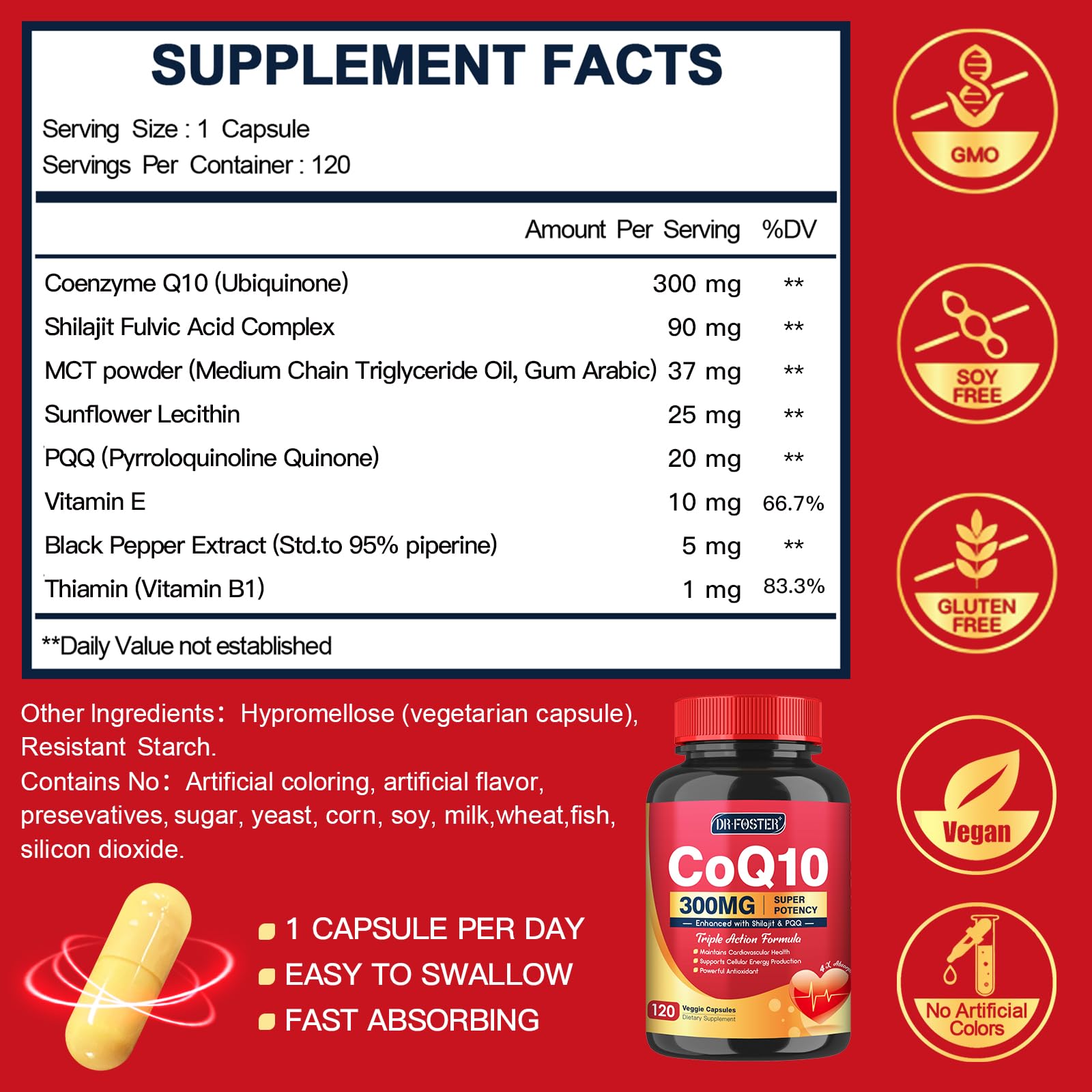 Quinovit CoQ10 capsules closeup highlighting easy daily intake.