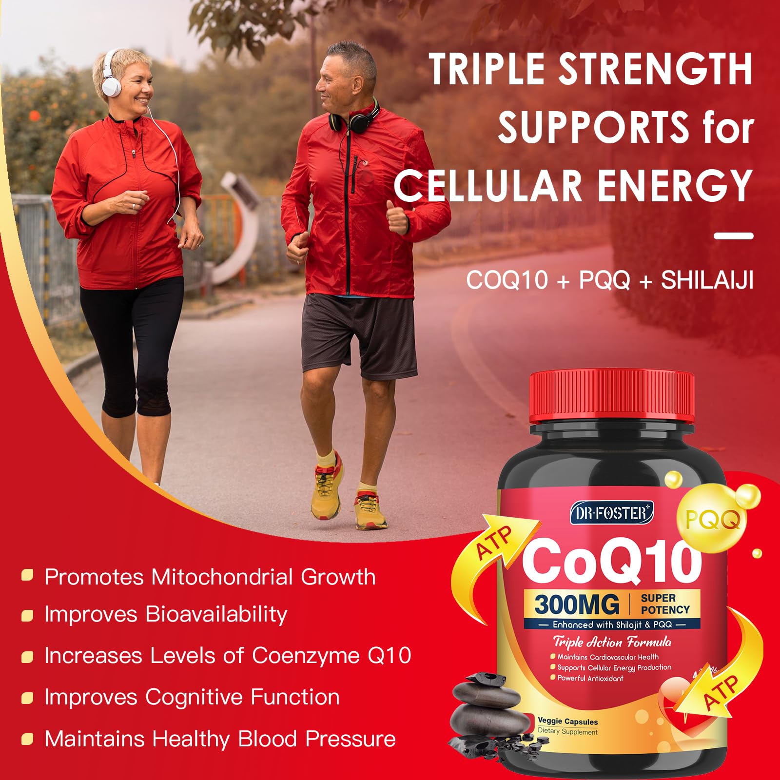 Quinovit CoQ10 PQQ Shilajit ingredients image emphasizes triple-strength energy.