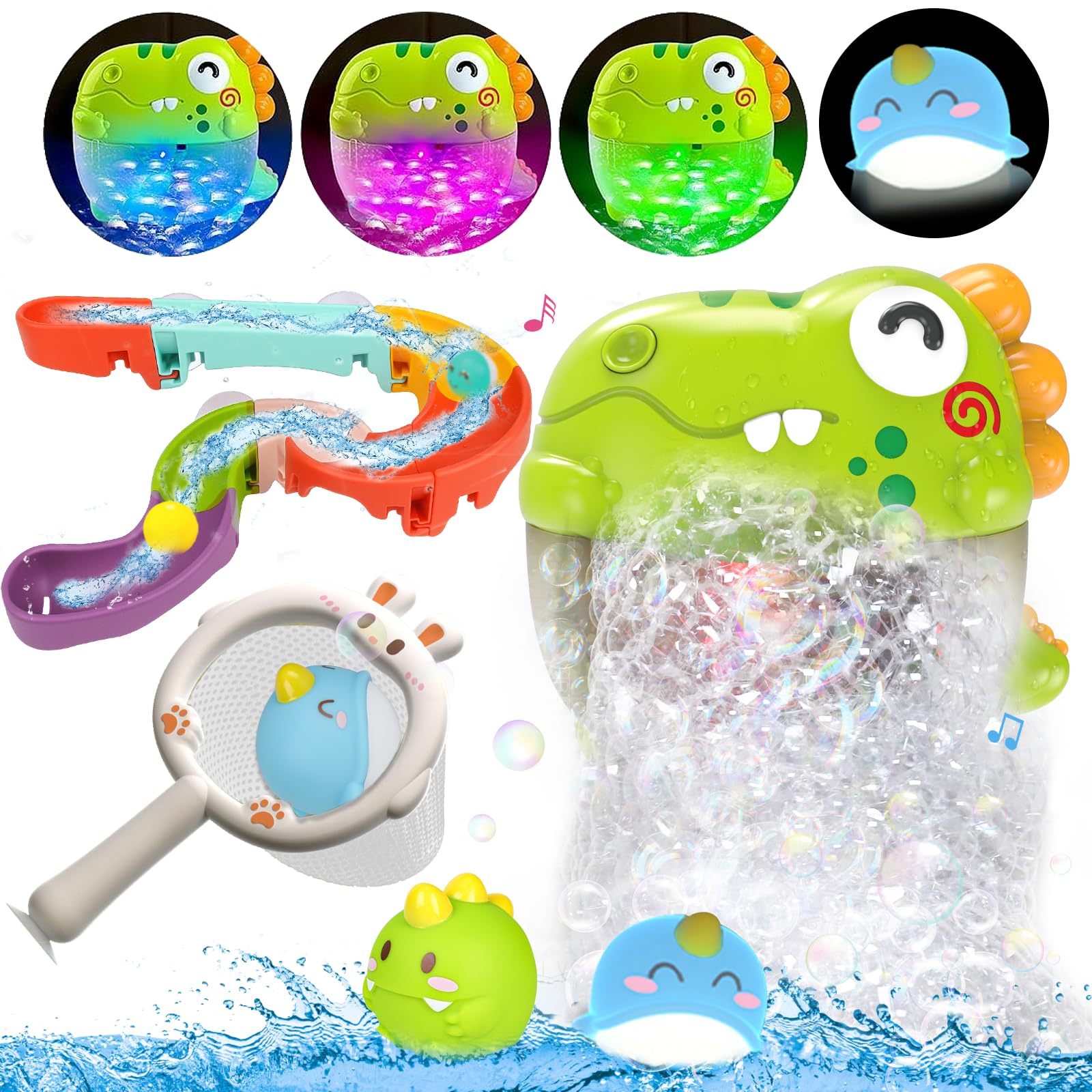Quirptey dinosaur bubble machine lights up bath time for kids.