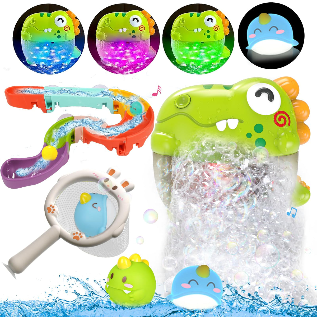 Quirptey dinosaur bubble machine lights up bath time for kids.