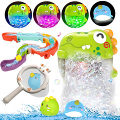 Quirptey dinosaur bubble machine lights up bath time for kids.