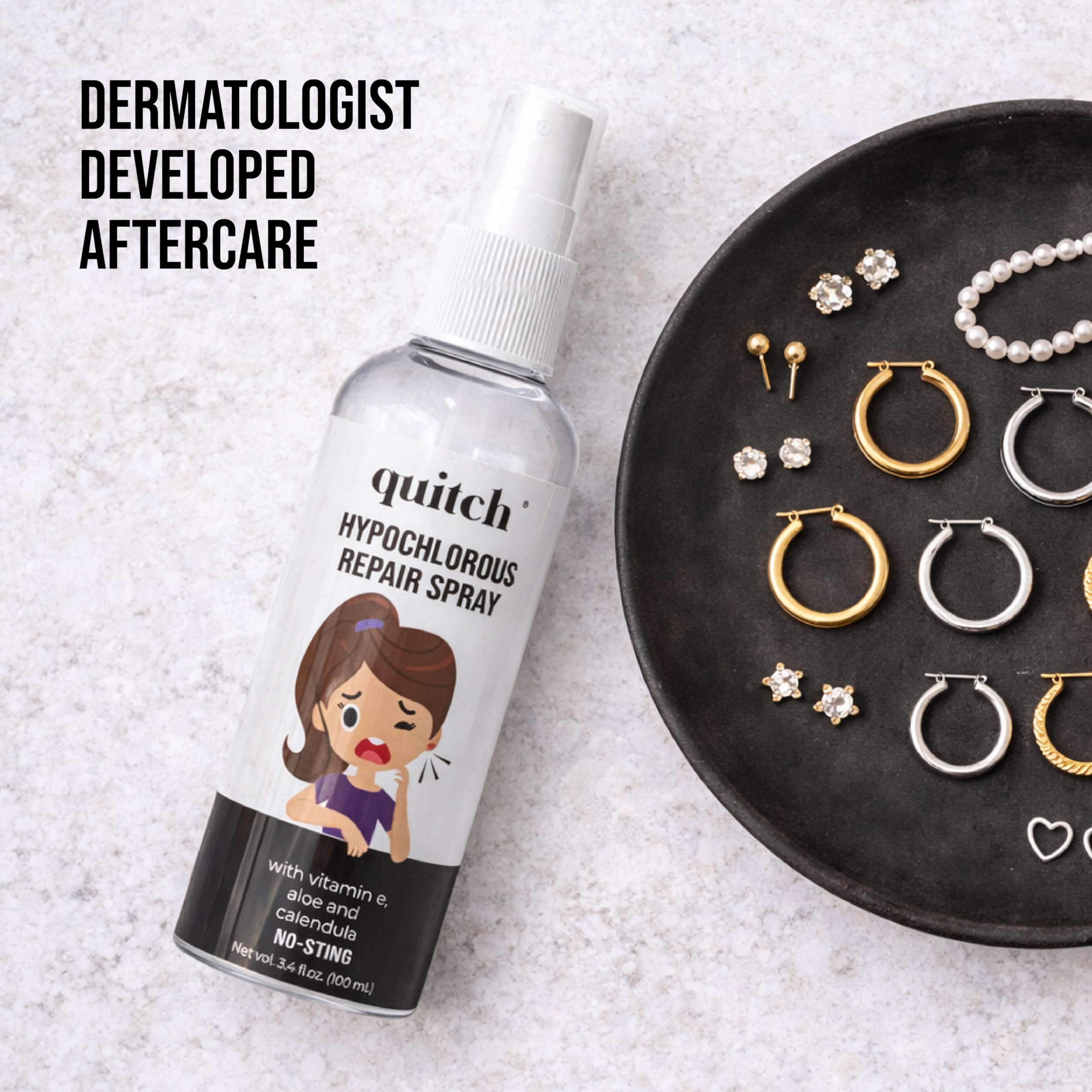Quitch cartilage piercing care spray enabling minimal-contact application.