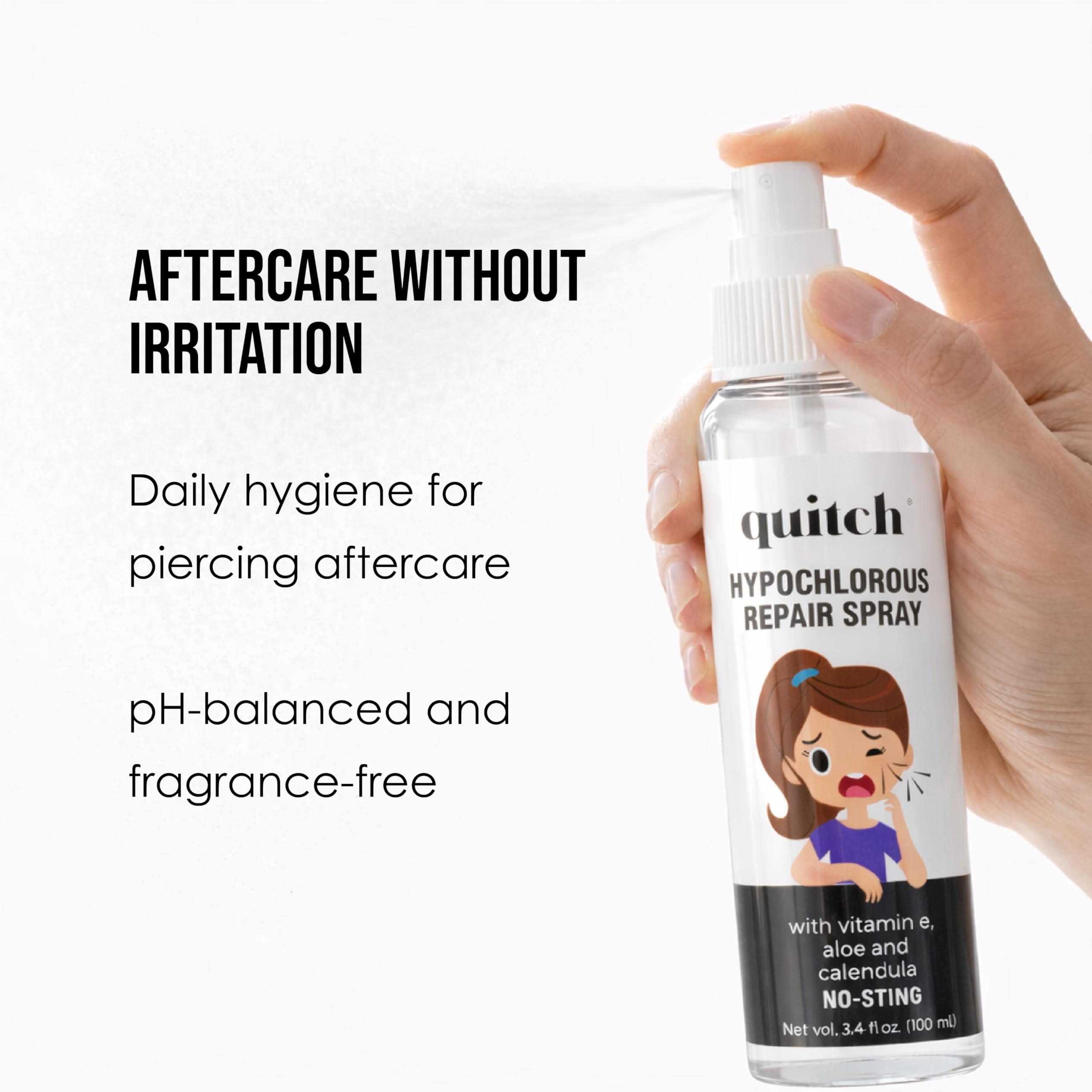 Quitch fragrance-free cleanser atomizer designed for irritation-free daily piercing care.