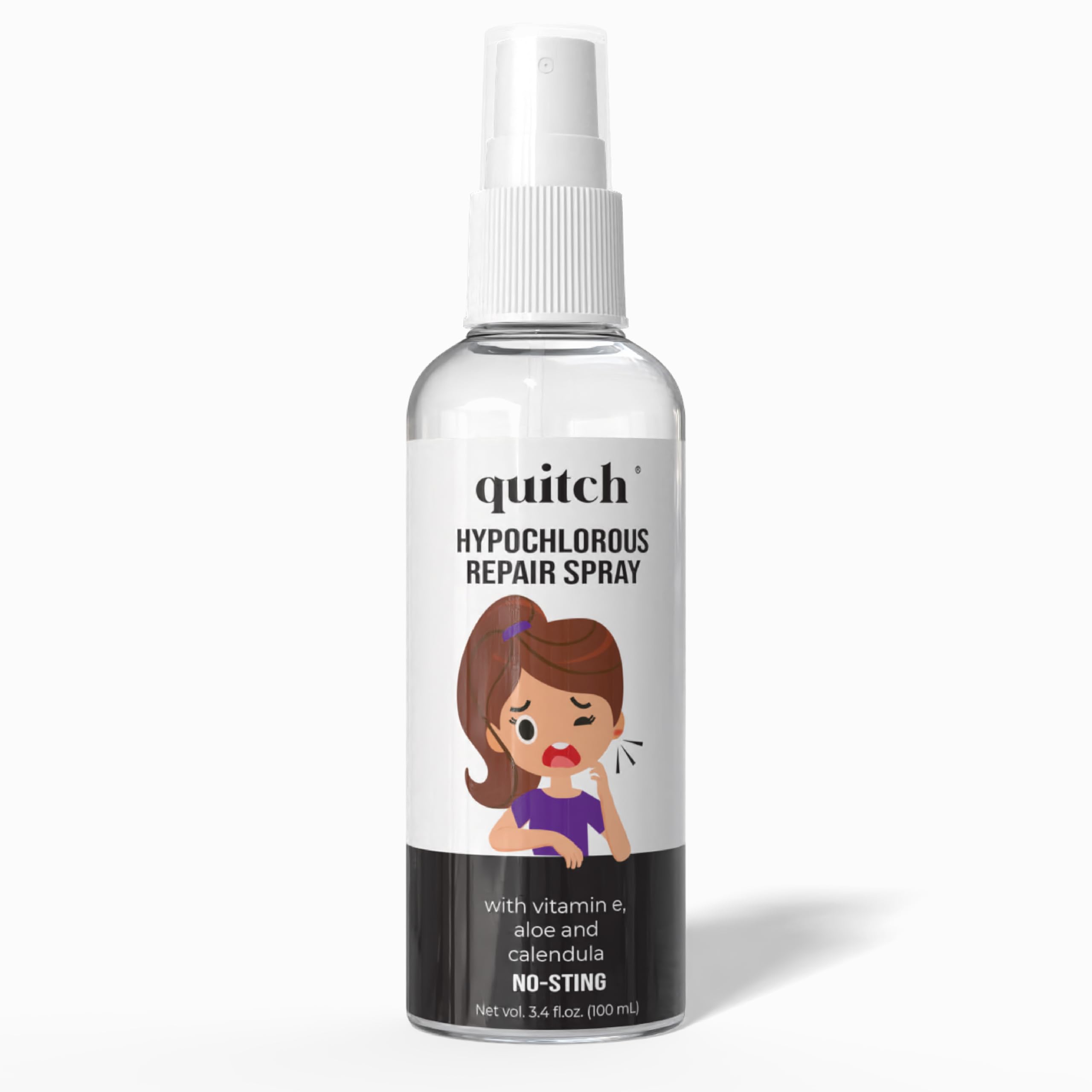 Quitch piercing aftercare spray bottle for gentle HOCl cleansing of new piercings.