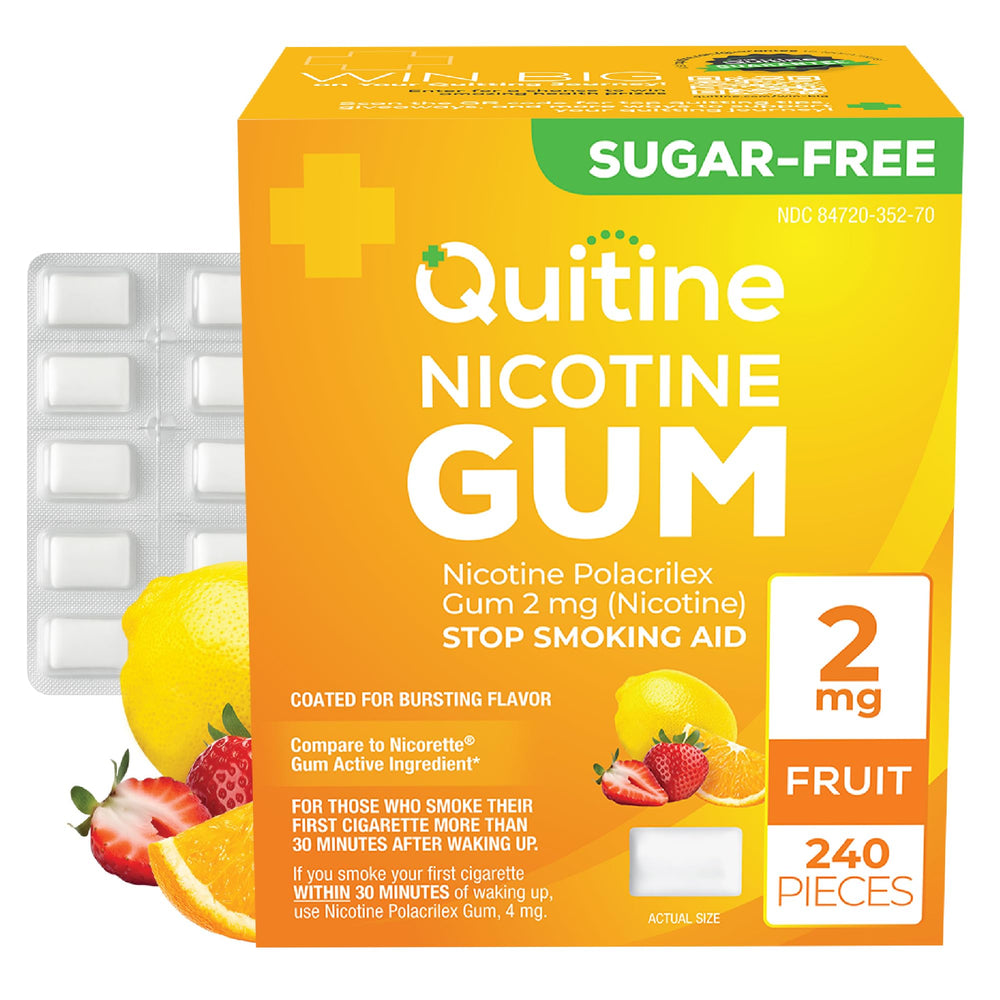 Quitine nicotine gum fruit flavor 2mg 240-count pack for cravings relief during quitting