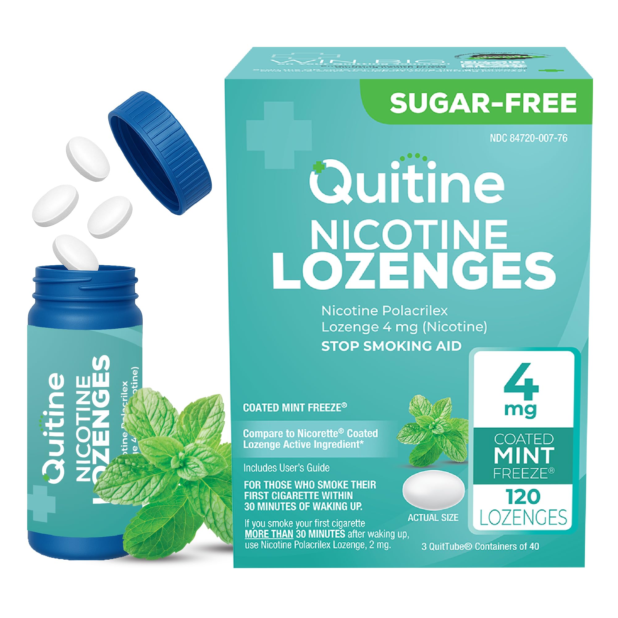 Quitine Nicotine Lozenges Mint bottle shows a 120-count package for craving relief