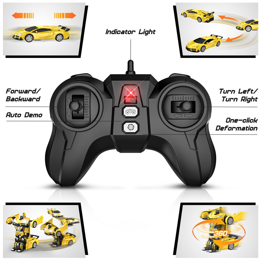 Qumcou Transform RC Car LED headlights illuminate evening play scenarios.