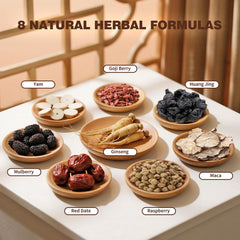 QUMIOBU Eight Treasure herbal ingredients display for naturally balanced wellness.