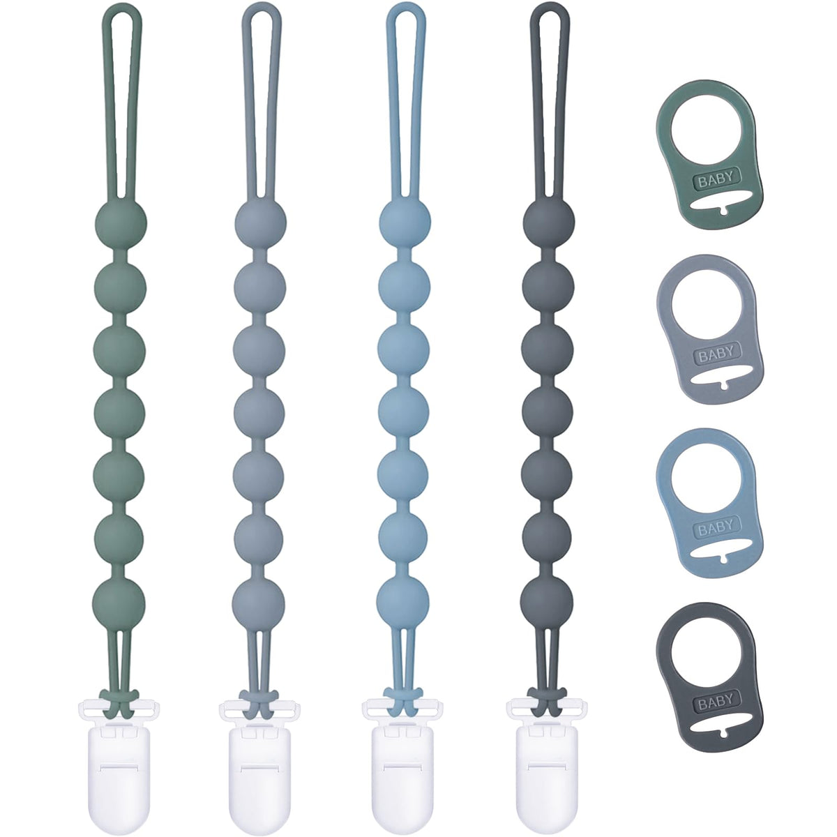 Qunland blue pacifier clips show secure silicone ring for MAM Button pacifiers